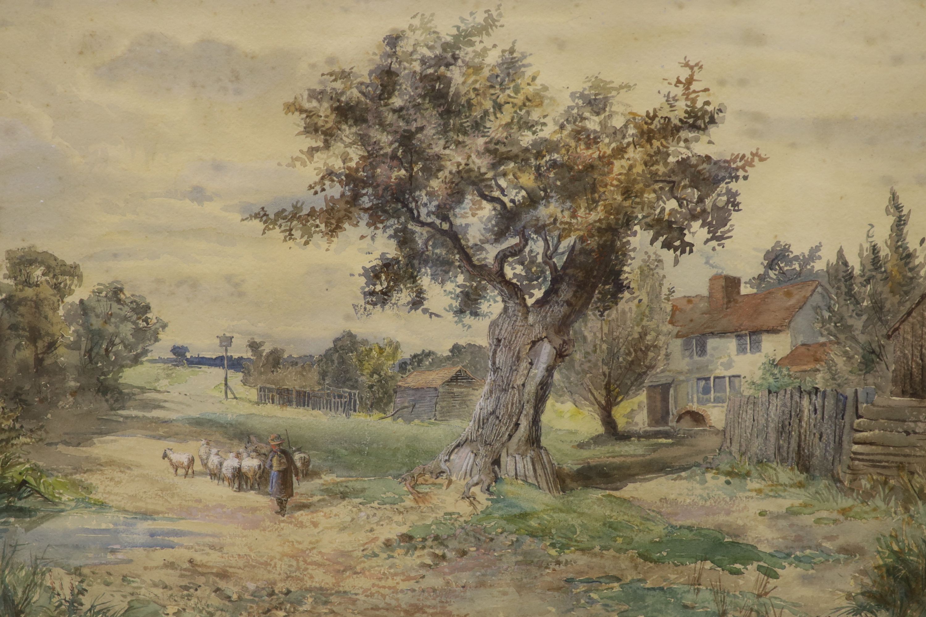 W. Reynolds (19th C.), pair of watercolours, Shepherd and flock on a lane and Stone bridge, signed and dated '82, 36 x 54cm